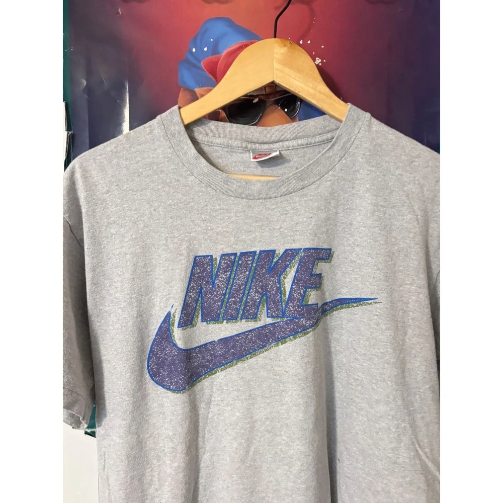 Vintage 90s Nike T Shirt Gray Distressed Swoosh Logo Made in USA Mens Large L